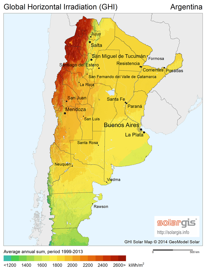 Irradiación solar en Argentina. Fuente: SolarGis